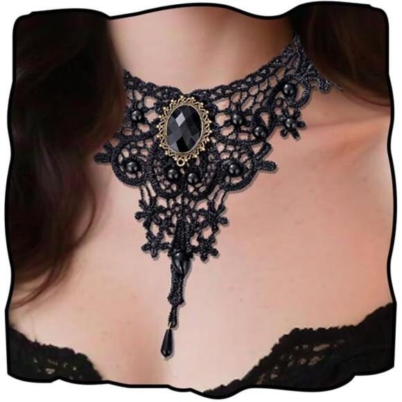 Black Lace Gothic Choker Necklace | Minimalist Retro Witch Jewelry - Picture 2 of 5